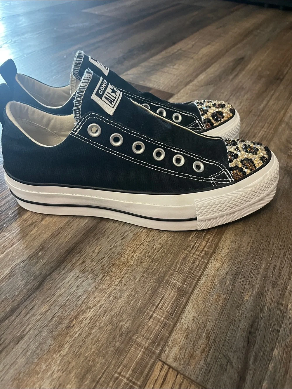 Converse Black Slip-On Sneakers with Swarovski crystal leopard print toes!